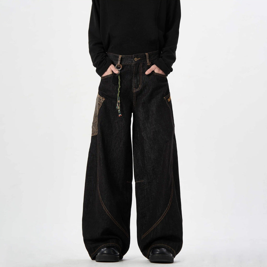 Men's Retro Wide Leg Jeans Snake Skin Patch
