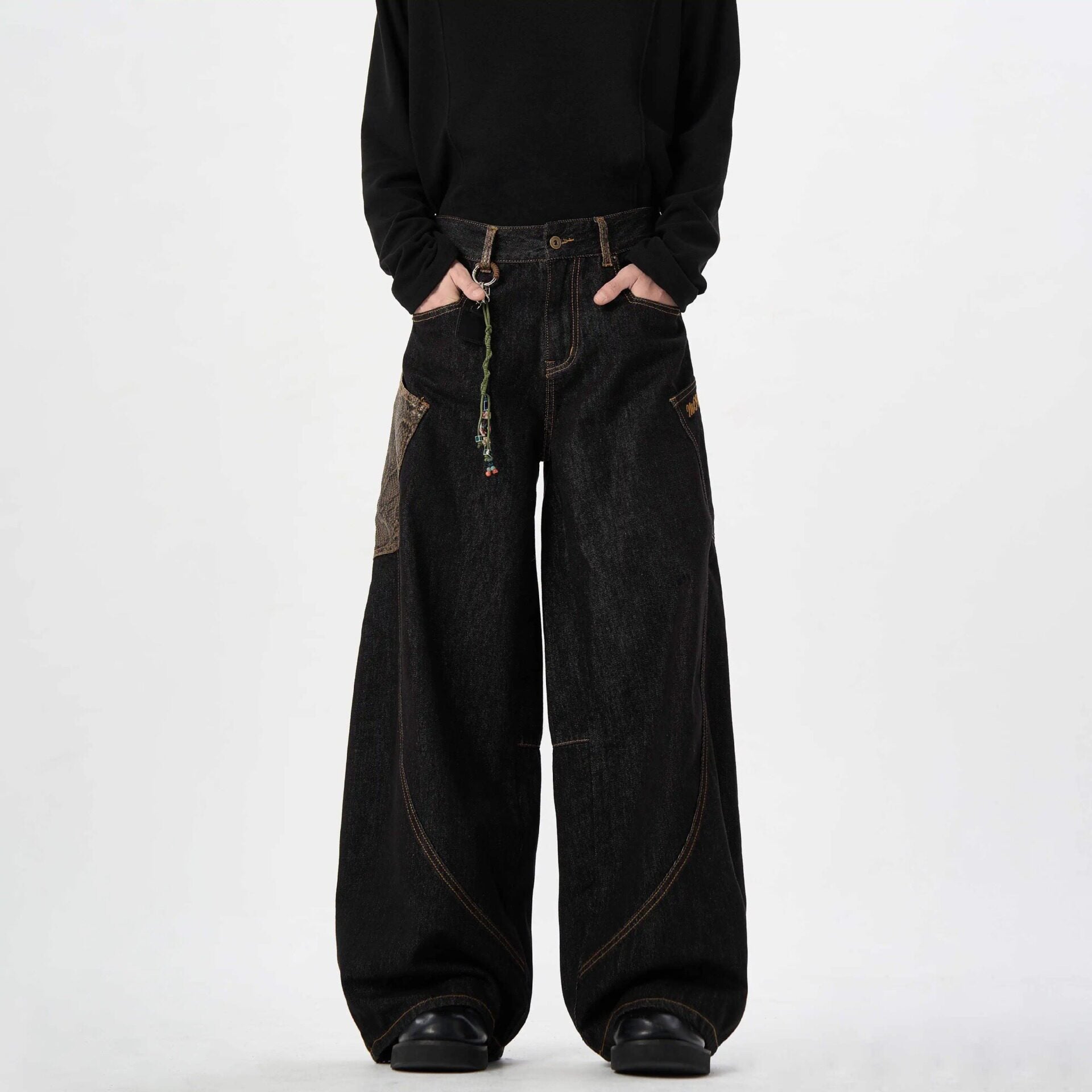 Men's Retro Wide Leg Jeans Snake Skin Patch