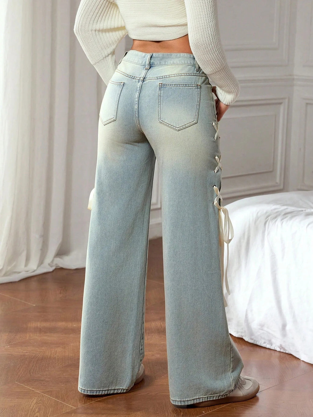 Women's Wide-Leg Denim Jeans with Side Ribbon