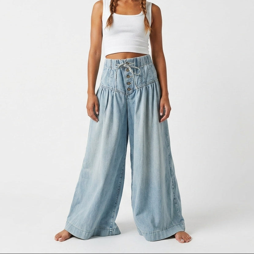 Women's Pleated Mid-Waist Wide-Leg Jeans