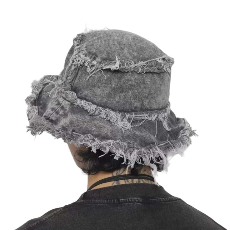 Distressed Denim Wide Brim Bucket Hat