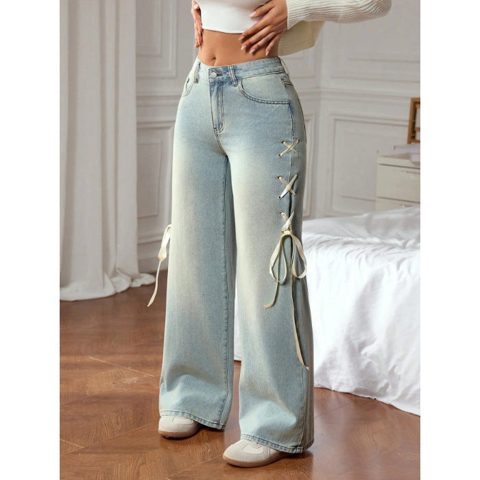 Women's Wide-Leg Denim Jeans with Side Ribbon