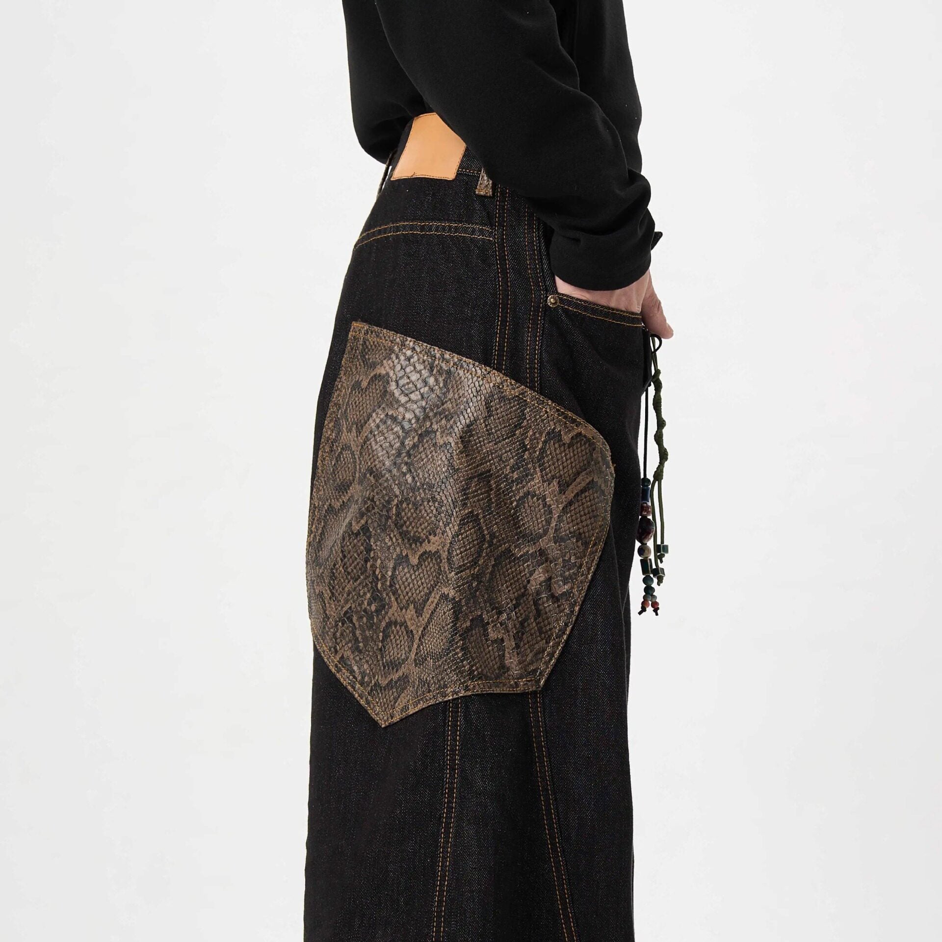 Men's Retro Wide Leg Jeans Snake Skin Patch