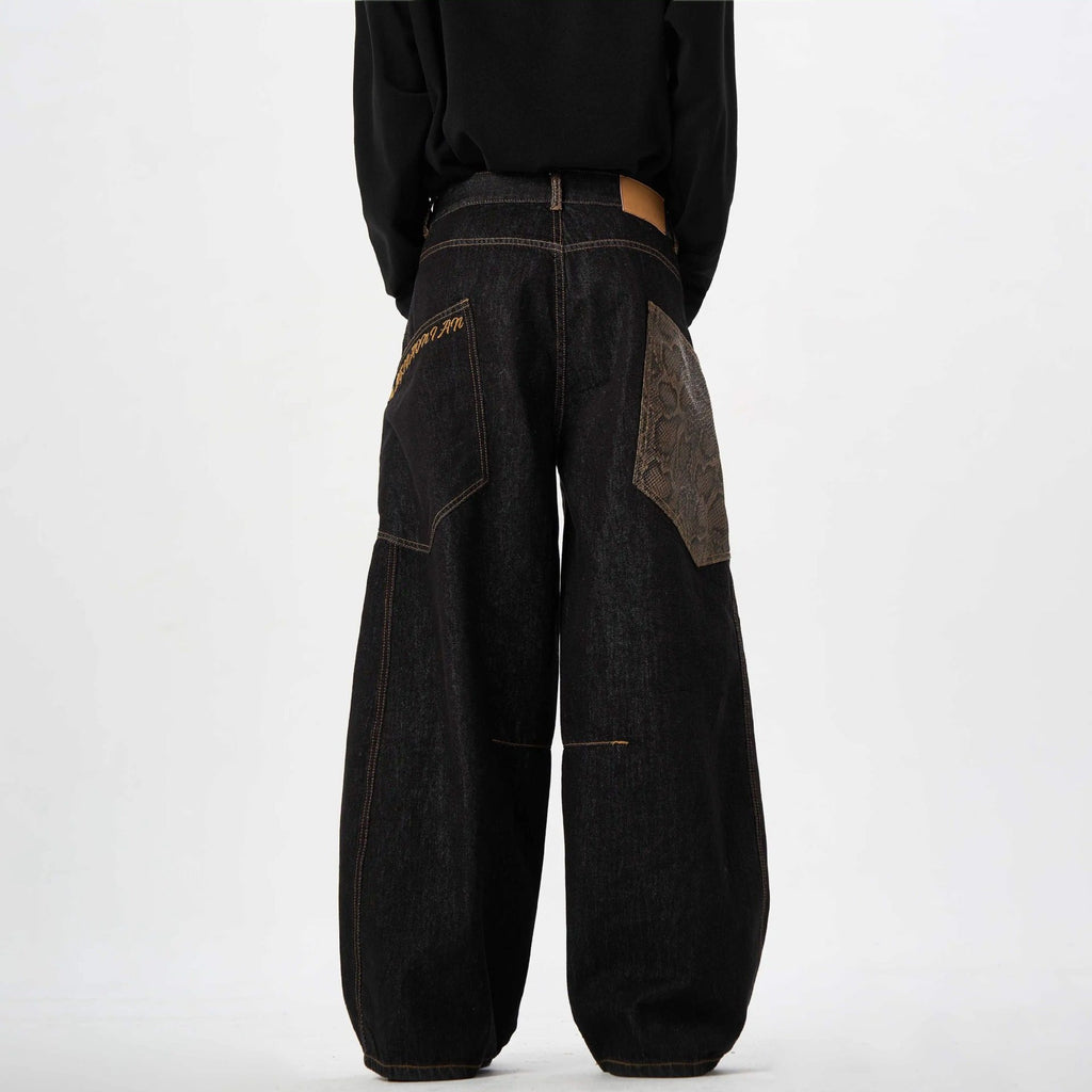 Men's Retro Wide Leg Jeans Snake Skin Patch