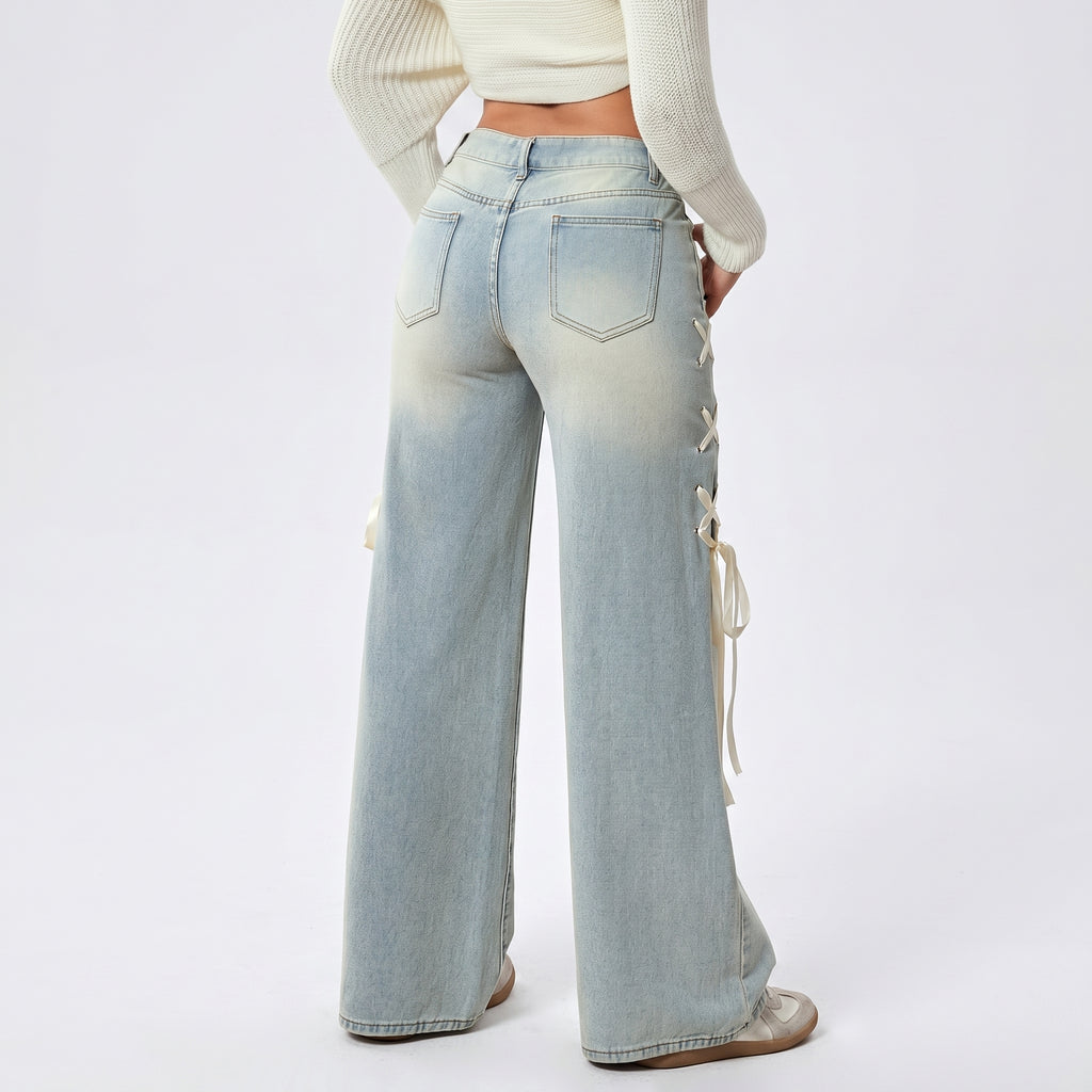 Women's Ribbon Wide-Leg Denim Jeans