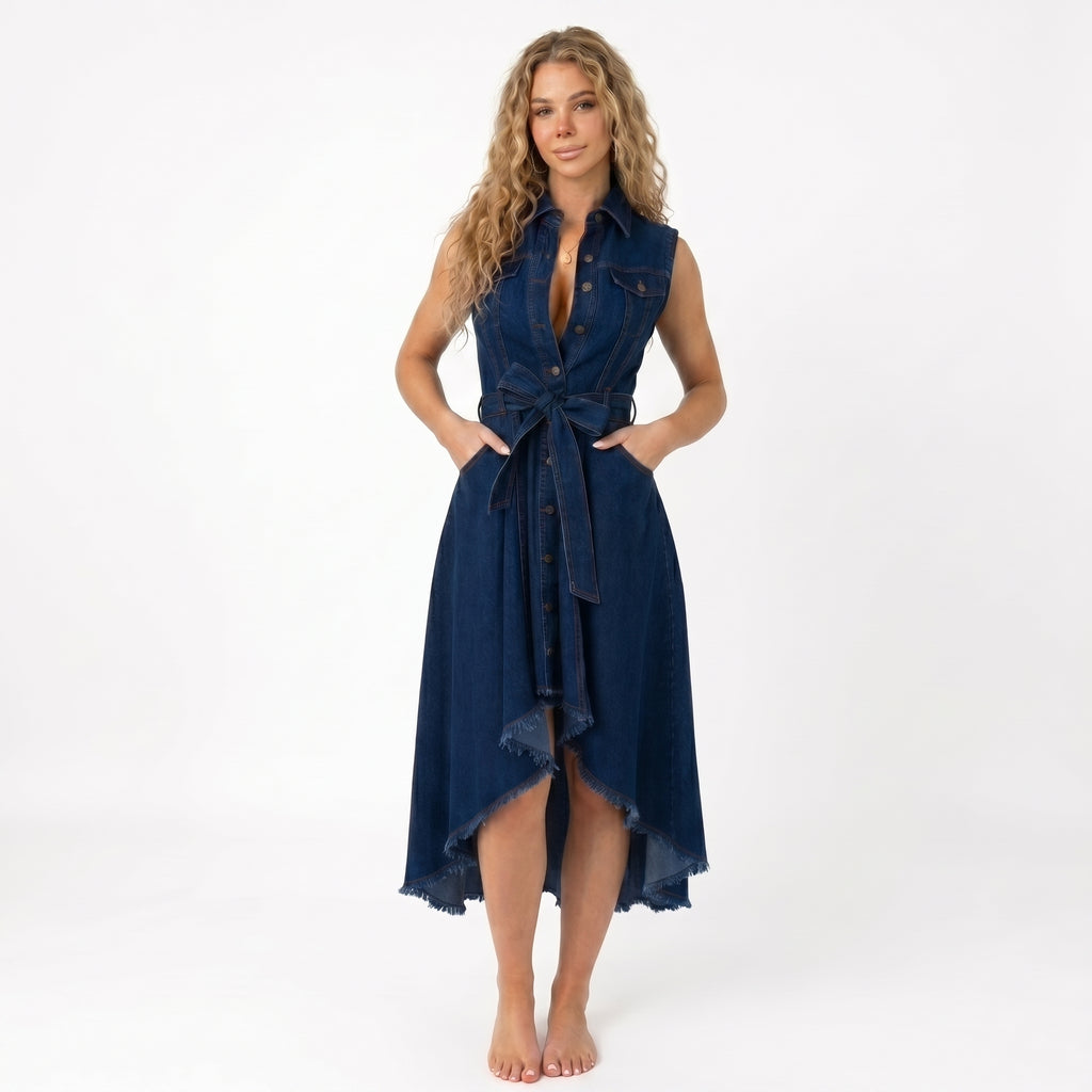 Sleeveless Denim Dress - Adjustable Waist