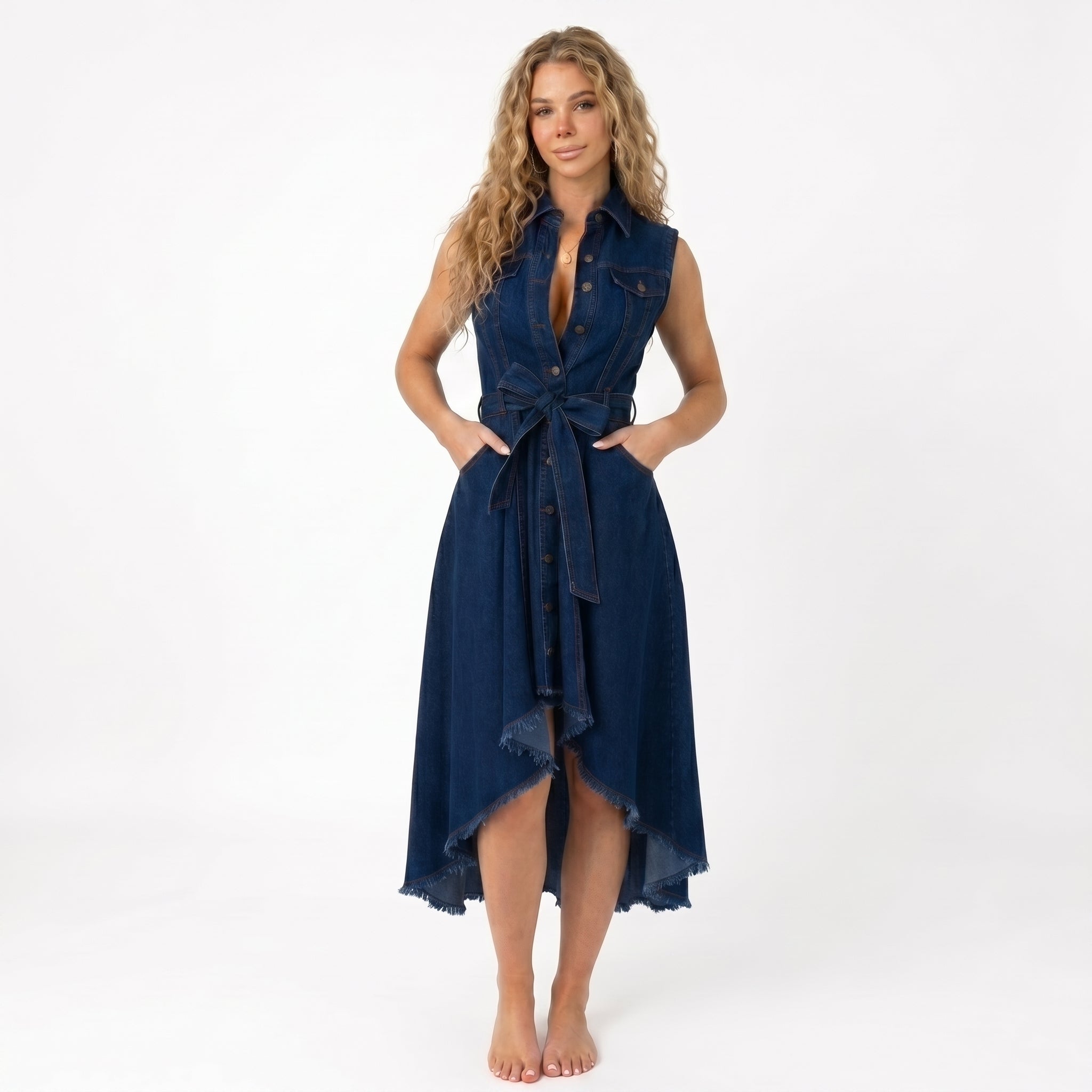 Sleeveless Denim Dress - Adjustable Waist