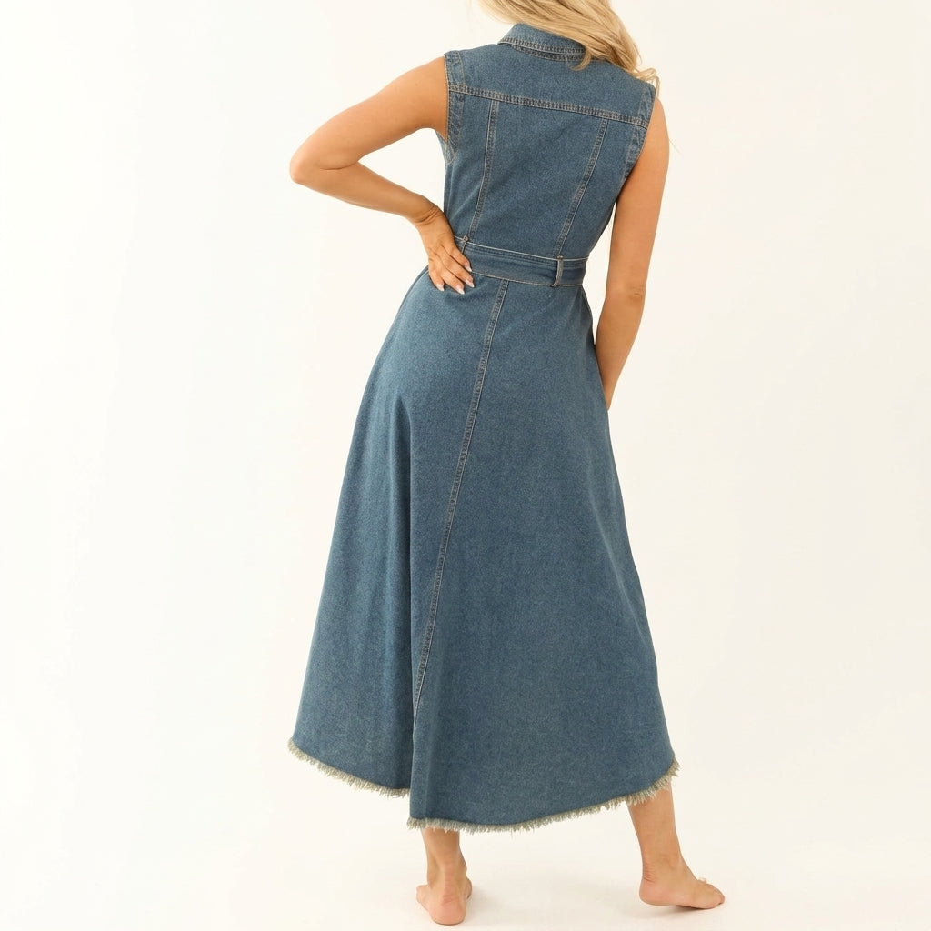 Sleeveless Denim Dress - Adjustable Waist