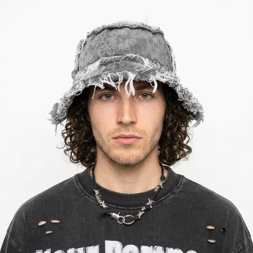Distressed Denim Wide Brim Bucket Hat