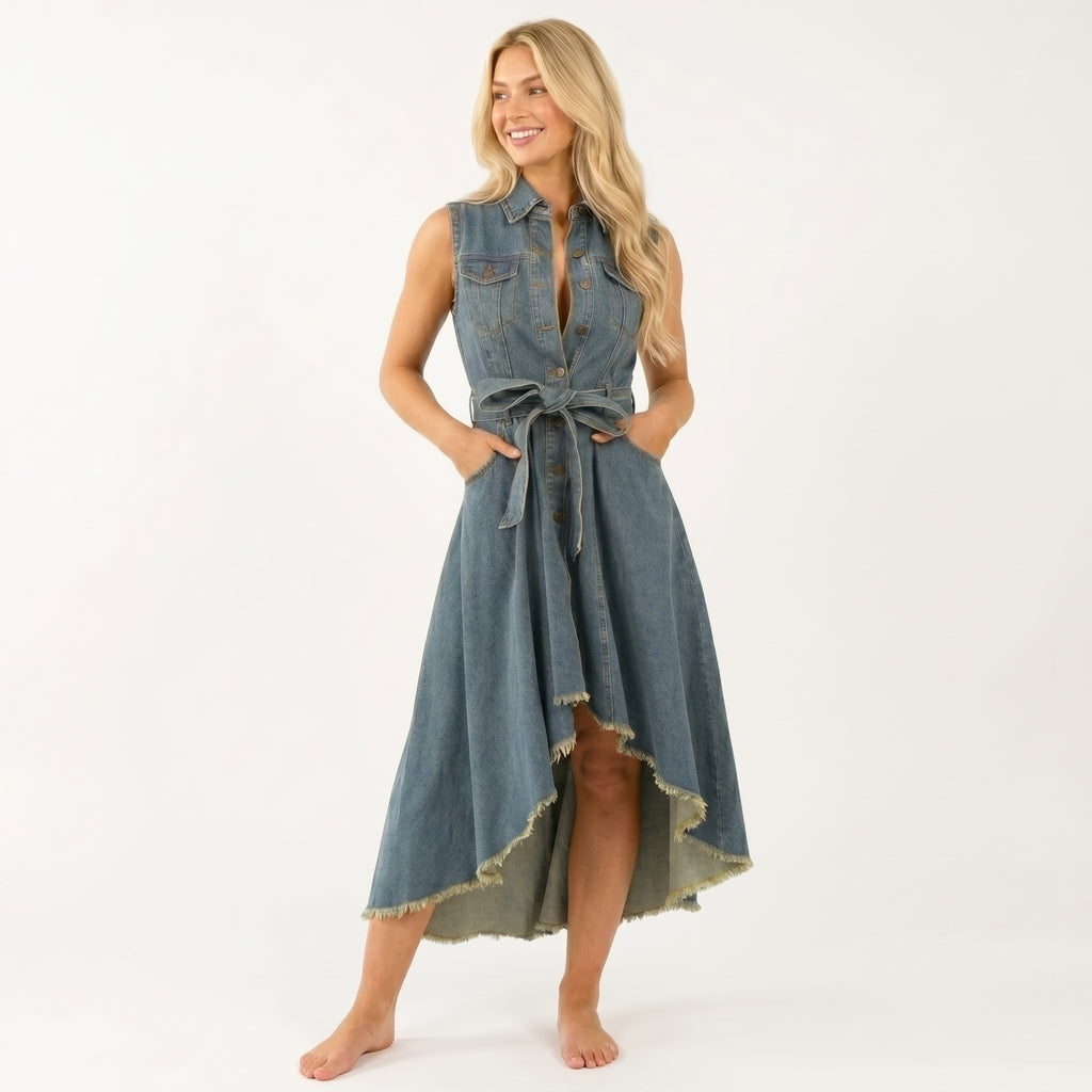 Sleeveless Denim Dress - Adjustable Waist