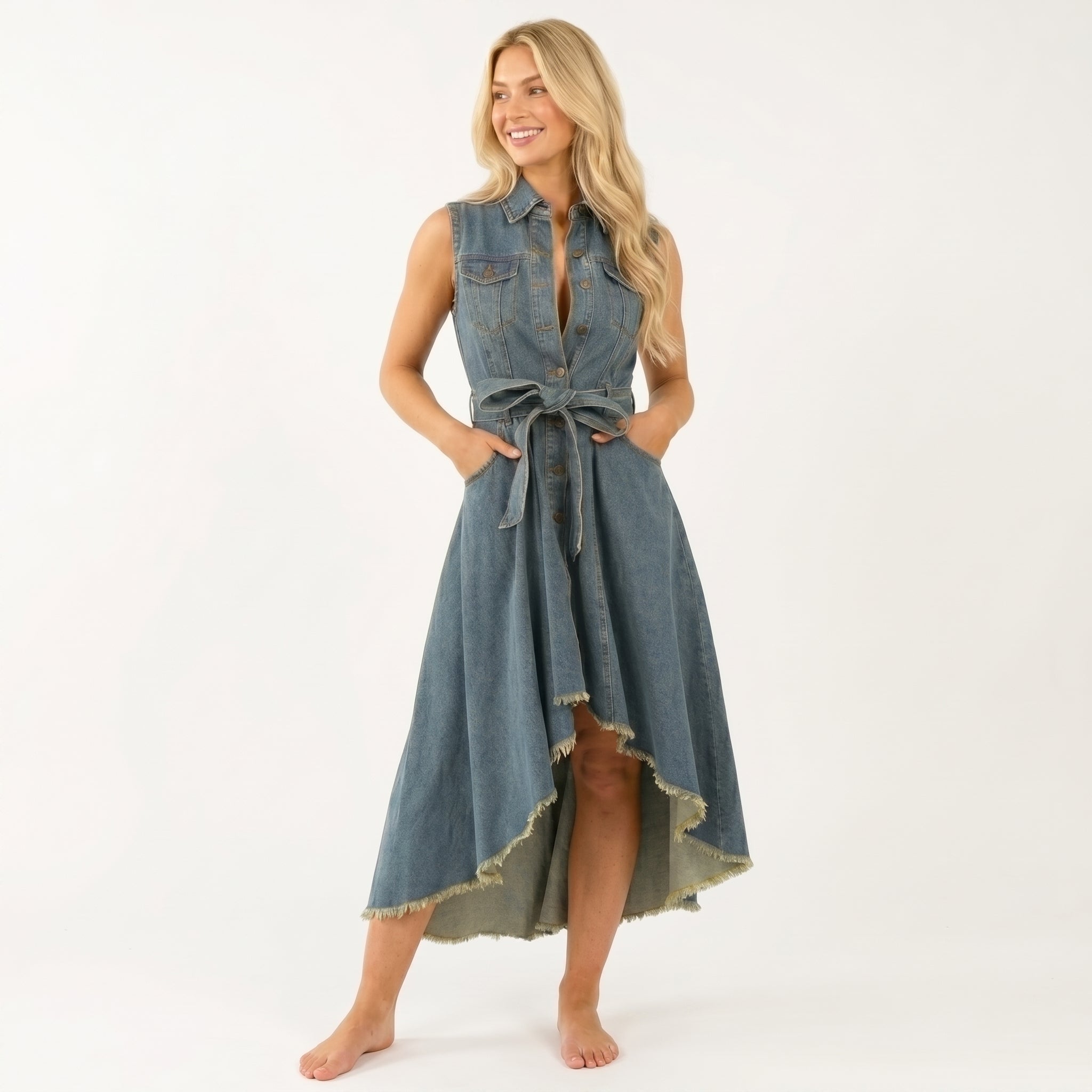 Sleeveless Denim Dress - Adjustable Waist
