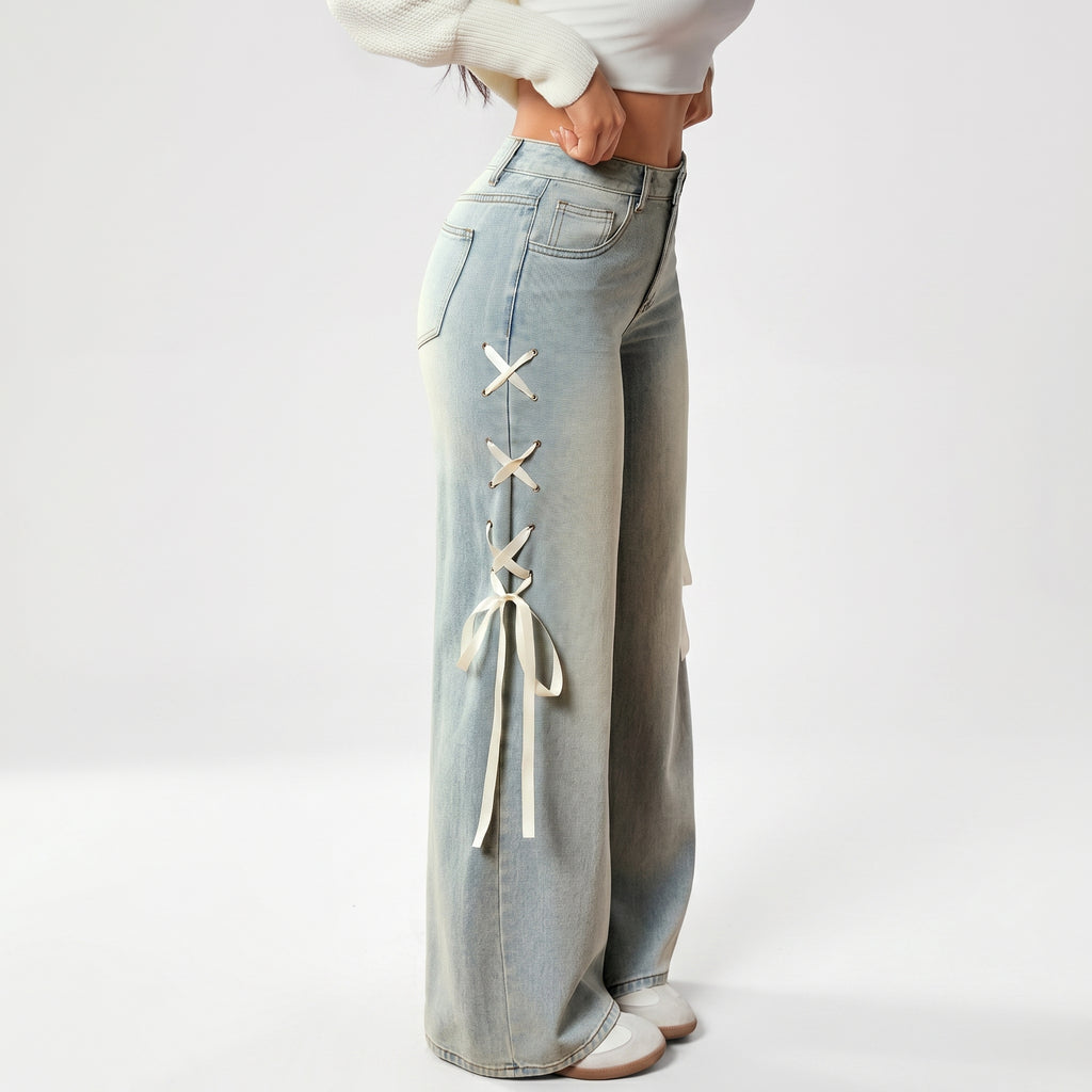 Women's Ribbon Wide-Leg Denim Jeans