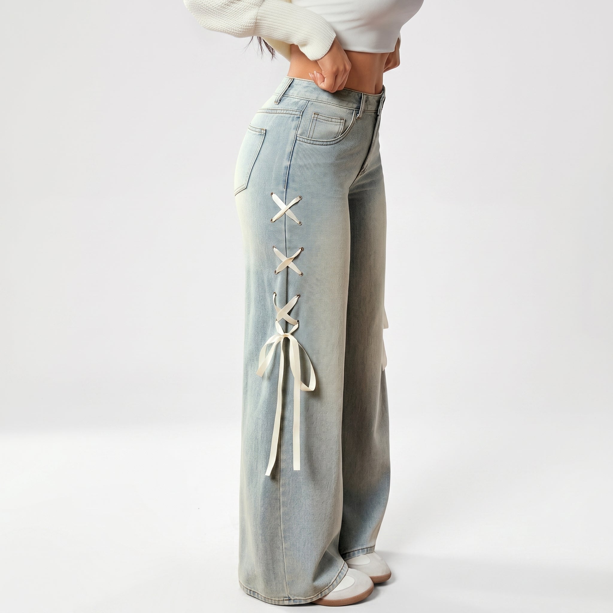 Women's Ribbon Wide-Leg Denim Jeans