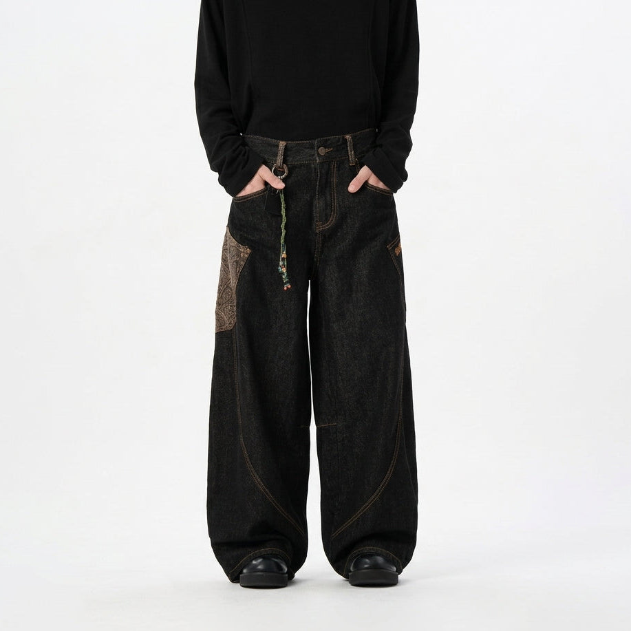 Men's Black Snake Patch Baggy Denim