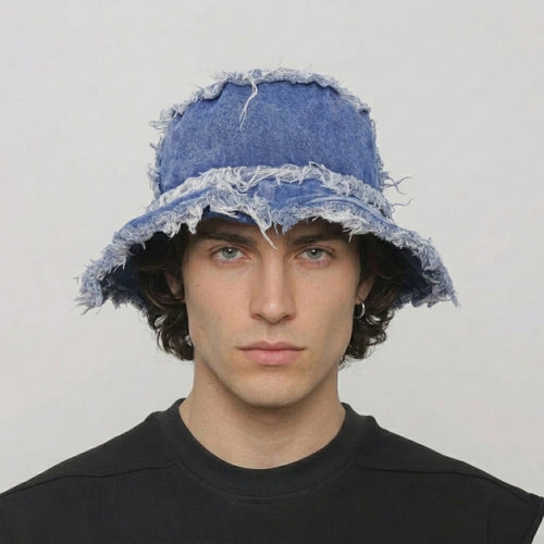 Distressed Denim Wide Brim Bucket Hat