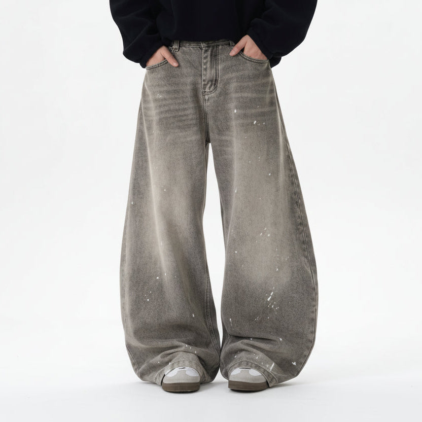 Men's Washed Ink Splatter Wide-Leg Jeans