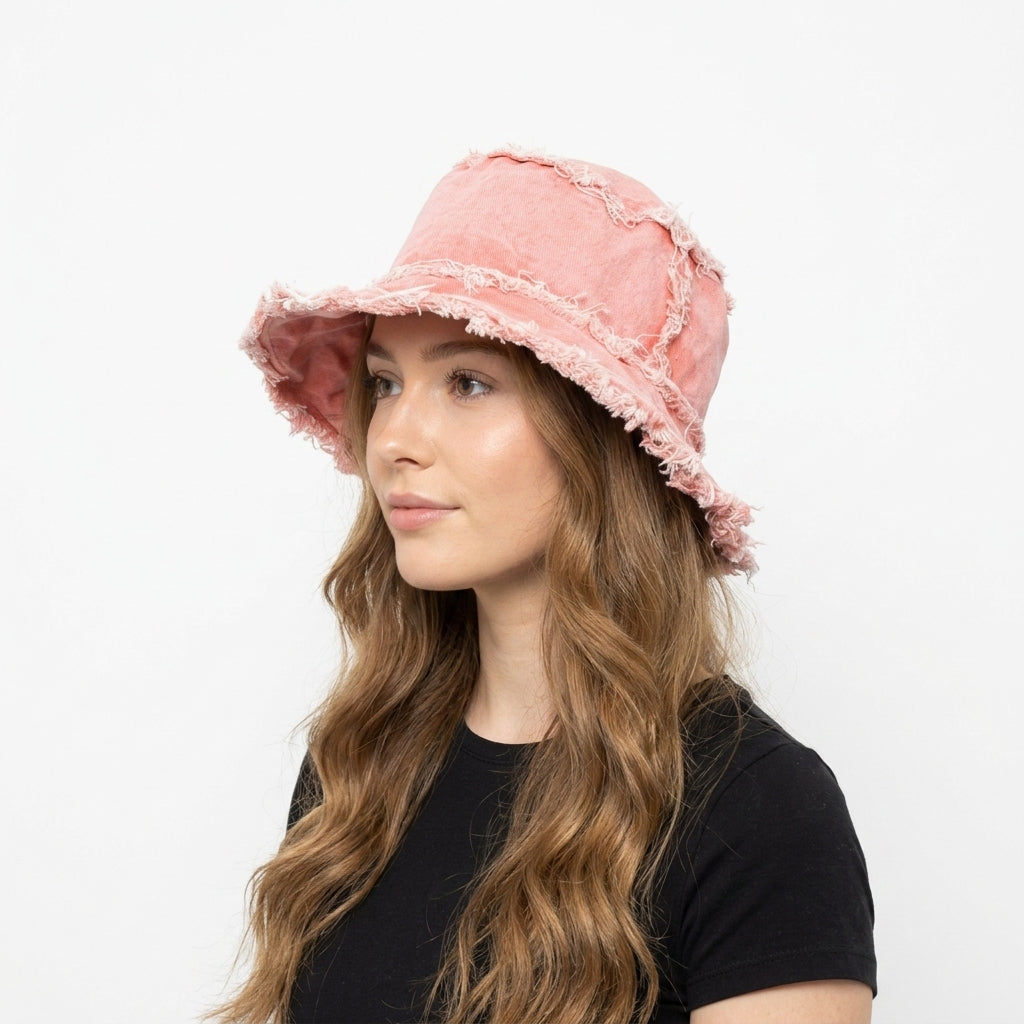 Distressed Denim Wide Brim Bucket Hat