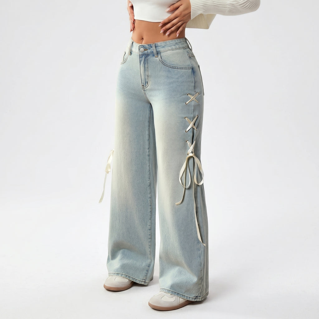 Women's Ribbon Wide-Leg Denim Jeans