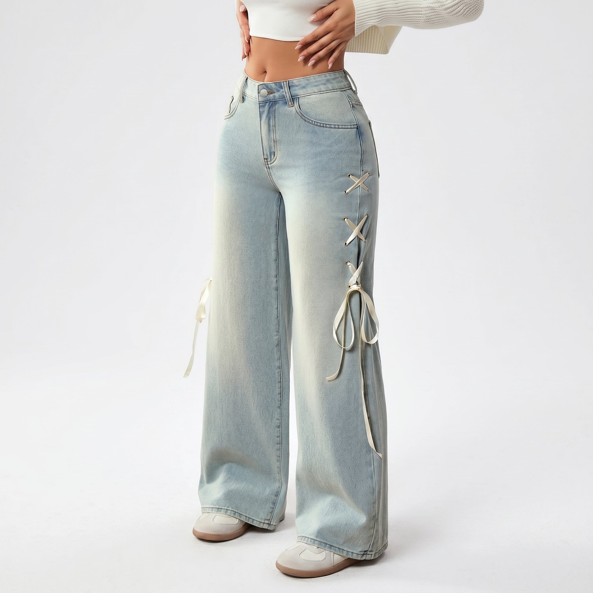 Women's Ribbon Wide-Leg Denim Jeans