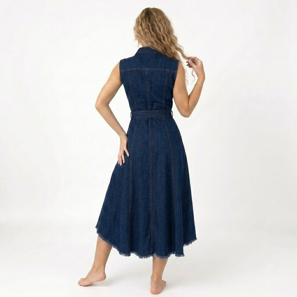 Sleeveless Denim Dress - Adjustable Waist