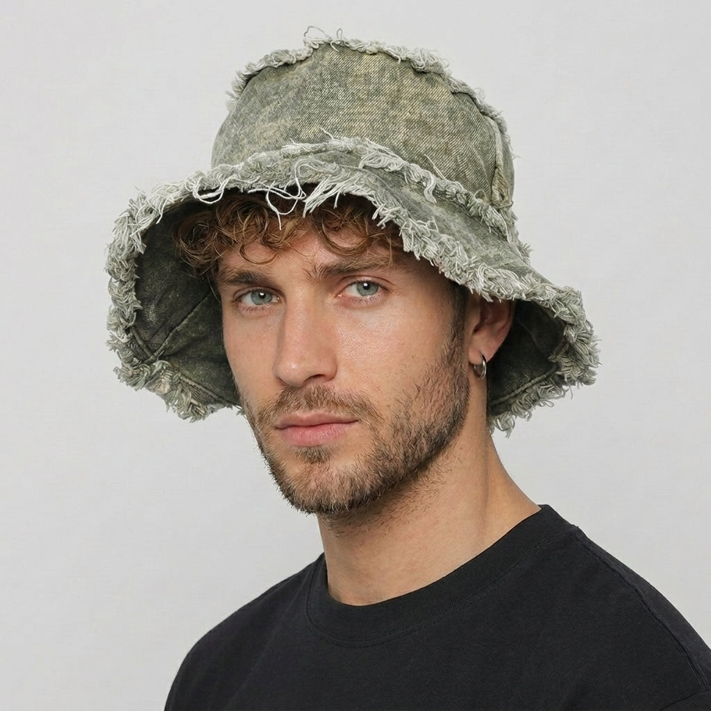 Distressed Denim Wide Brim Bucket Hat